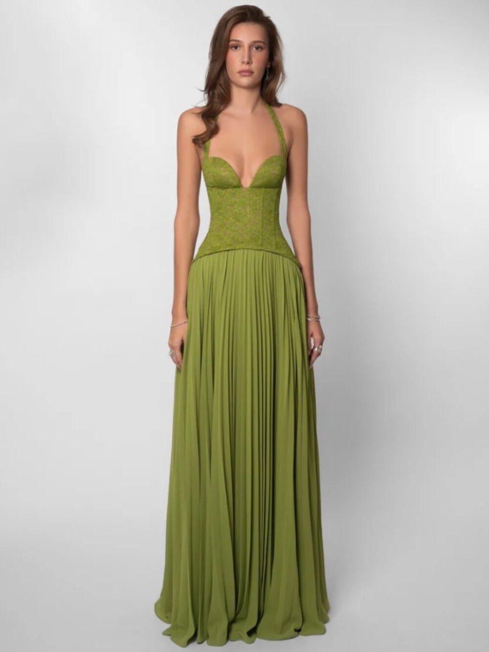 Gaia Corset Maxi Dress in Olive Green